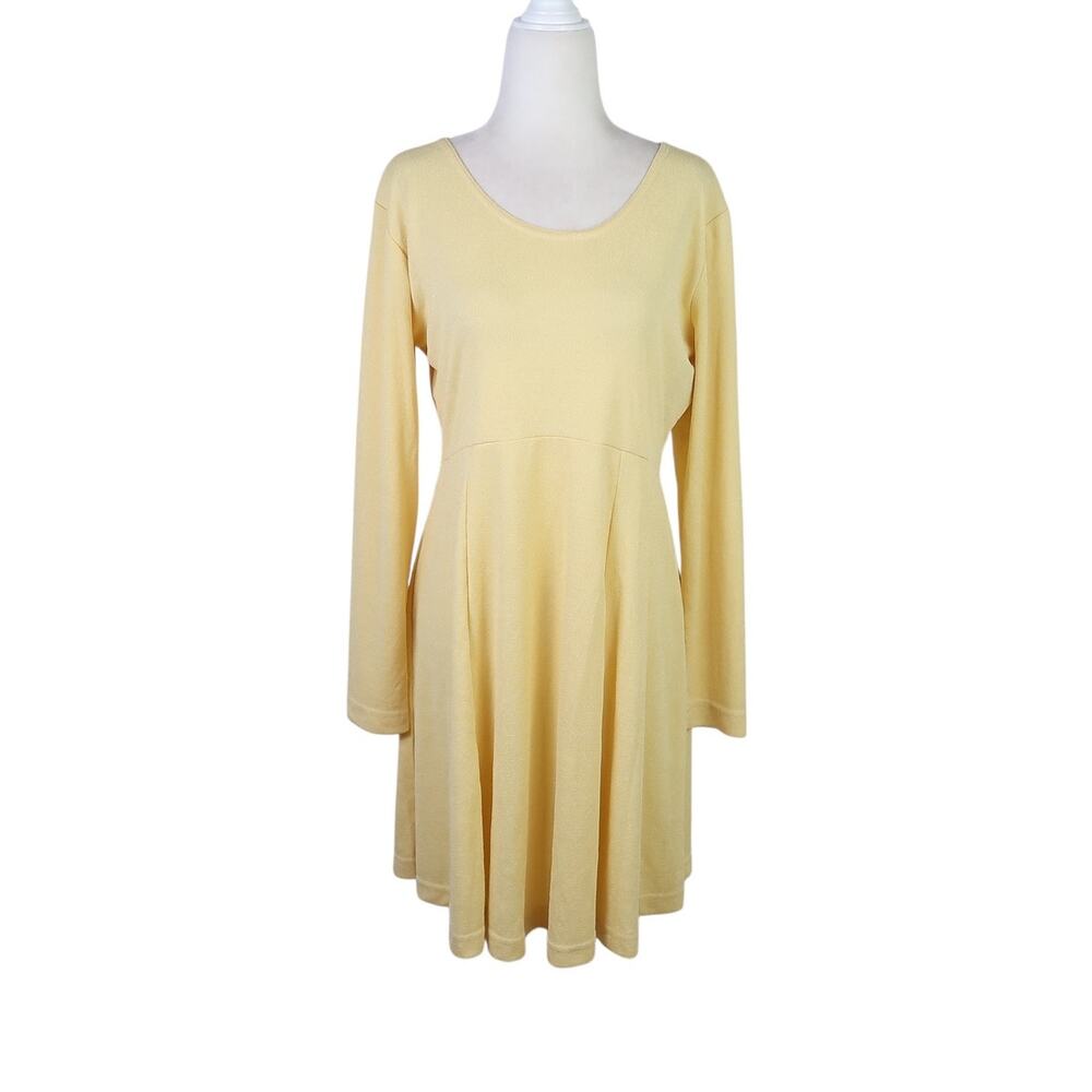 Vintage 80s Total Impact yellow jersey long sleeve mini skater dress L